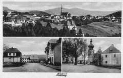 dobová pohlednice vsi s kostelem (vpravo dole)