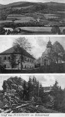 dobová pohlednice vsi s kostelem (na prostředním snímku)