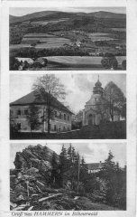 dobová pohlednice vsi s kostelem (na prostředním snímku)