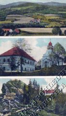 dobová pohlednice vsi s kostelem (na prostředním snímku)