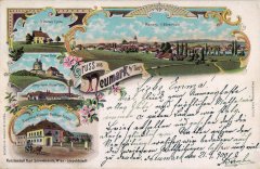 dobová pohlednice Všerub s kostelem (vlevo)