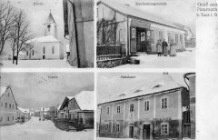 dobová pohlednice městyse s kostelem