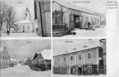 dobová pohlednice městyse s kostelem