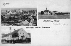 dobová pohlednice vsi s kostelem
