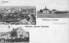 dobová pohlednice vsi s kostelem