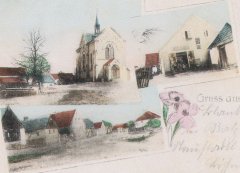 dobová pohlednice vsi s kostelem