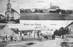 dobová pohlednice vsi s kostelem