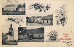 dobová pohlednice vsi s kostelem