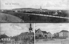 dobová pohlednice vsi s kostelem