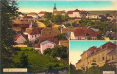 dobová pohlednice vsi s kostelem