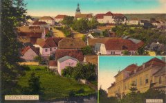 dobová pohlednice vsi s kostelem