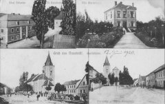 dobová pohlednice městyse s kostelem (vlevo nahoře)