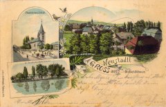 dobová pohlednice městyse s kostelem (vlevo dole)