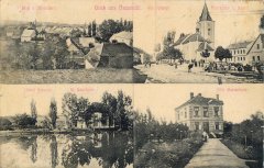 dobová pohlednice městyse s kostelem (vlevo dole)