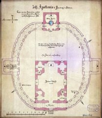 původní projekt kostela s kaplí a ambity