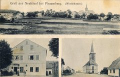 dobová pohlednice vsi s kostelem