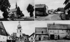 dobová pohlednice vsi s kostelem (na levém horním snímku)
