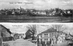 dobová pohlednice vsi s kostelem