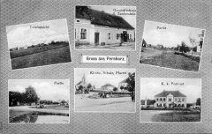 dobová pohlednice vsi s kostelem