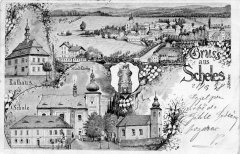 dobová pohlednice vsi s oběma kostely