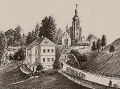 kresba s námětem kostela a kaple (zcela vpravo)