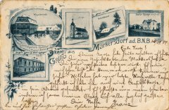 dobová pohlednice vsi s kaplí před kostelem