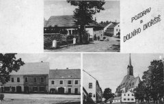 dobová pohlednice vsi s kostelem