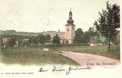 dobová pohlednice městyse s kostelem