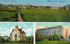 dobová pohlednice vsi s kostelem