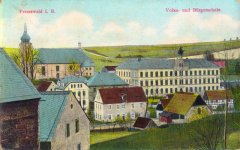 dobová pohlednice vsi s kostelem