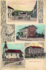dobová pohlednice vsi s kostelem (vlevo)