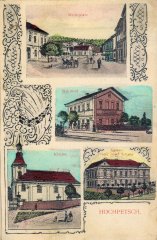 dobová pohlednice vsi s kostelem (vlevo)