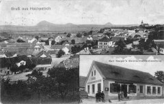 dobová pohlednice vsi s kostelem (vpravo)