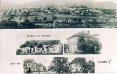 dobová pohlednice vsi s kostelem