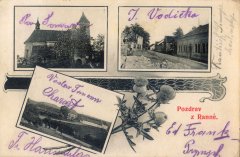 dobová pohlednice vsi s kostelem (vlevo nahoře)