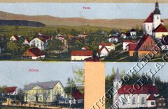 dobová pohlednice vsi s kostelem a kaplí vlevo od něj (na horním snímku)