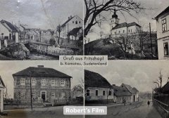 dobová pohlednice vsi s kostelem (nahoře vpravo)