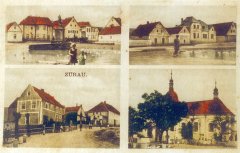 dobová pohlednice vsi s kostelem