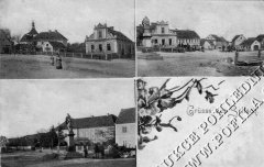 dobová pohlednice vsi s kostelem (vlevo nahoře)