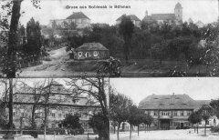 dobová pohlednice vsi s kostelem