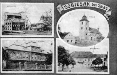 dobová pohlednice vsi s kostelem