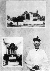 složené foto kostela, jeho interiéru a zvonice (pan farář Wenzel Tangl)