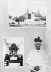 složené foto kostela, jeho interiéru a zvonice (pan farář Wenzel Tangl)