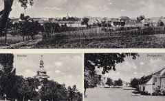 dobová pohlednice vsi s kostelem