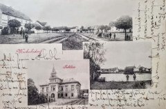 starší pohlednice se zvonicí (vpravo dole)