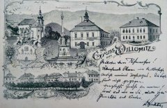 starší pohlednice s kostelem (nahoře vlevo)