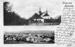 dobová pohlednice vsi s kostelem