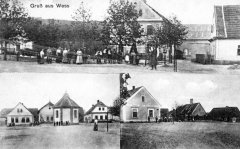 dobová pohlednice vsi s kaplí (vlevo dole)