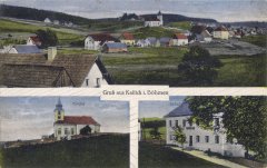 dobová pohlednice vsi s kostelem