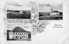 dobová pohlednice vsi s kostelem